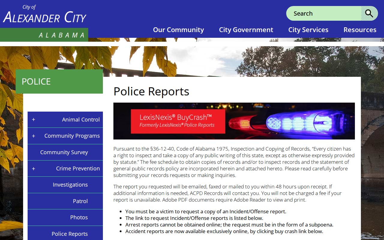 Alexander City Police arrest report and subpoena instructions