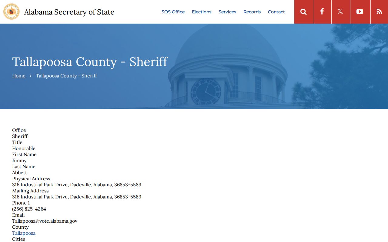 Alabama official sheriff directory entry used to confirm Tallapoosa County agency contact