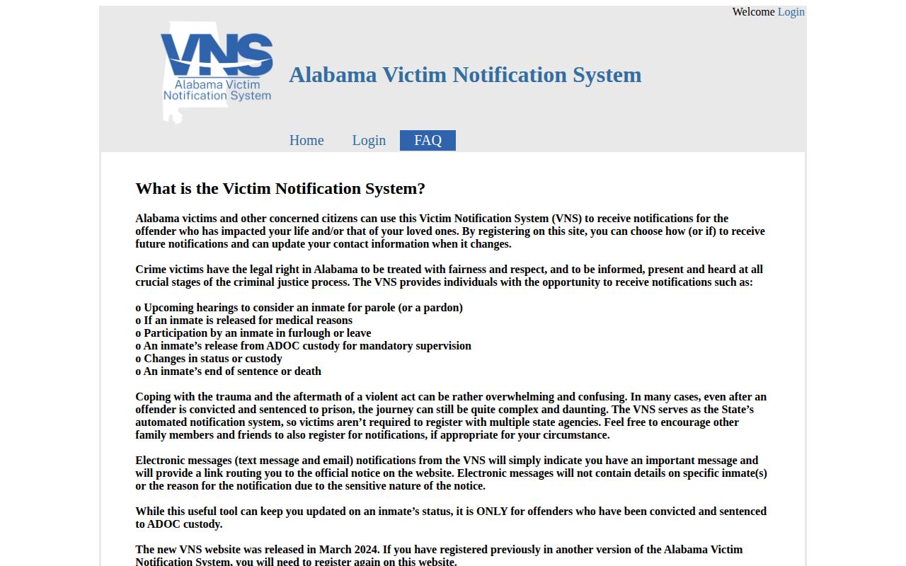 Alabama VNS FAQ about notifications